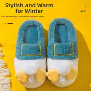 Warm Plush Cotton Slippers Womens Fall Winter Indoor Home Anti-slip Thick Bottom Half Wrapped Heel Cartoon Couple Shoes