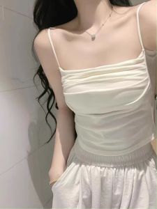 White Folded Chest Pad Strap Vest Womens Inner Wear 2025 New Style Outerwear Beautiful Back Base Tank Top Short Length
