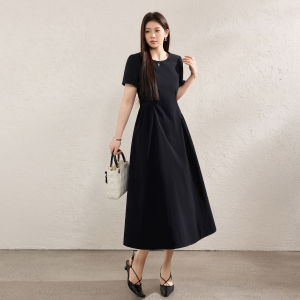 Black Round Neck Asymmetrical Waist Cinching Slimming Dress