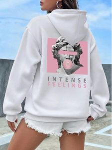 เสื้อฮู้ดแขนยาวพิมพ์ลายผู้หญิง เสื้อสเวตเตอร์คอวี ทรงหลวม ปกติ แขนยาว เสื้อฮู้ดแบบสวมหัว ลายการ์ตูน