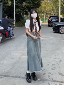 COD Rok Denim Fishtail Pinggang Tinggi A-Line Gaya Korea Wanita Tepi Mentah Jumbo 6XL