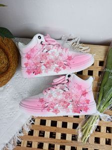 Spring Summer New High Top Skate Shoes Breathable Upgraded Cherry Blossom Design Casual Sporty Style round Toe Flat Heel