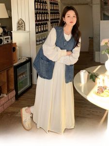 เดนิม เสื้อกั๊ก เดรส ชุดสองชิ้น ฤดูใบไม้ผลิ ฤดูใบไม้ร่วง Ladylike Maturity Style High เอว กระโปรงทรงเอ แขนยาว ความยาวปานกลาง สีบริสุทธิ์