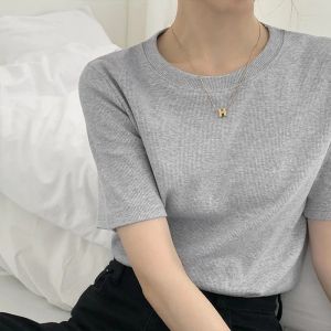 Slimming Grey Short Sleeve Knitted T-Shirt Womens Summer Spring Inner Wear round Neck Versatile Fitted Korean Style Top