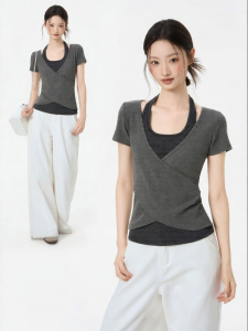iiiamx | Gray Two-piece Illusion Halter Sleeveless Womens Summer Slim Fit Shoulder Shirt