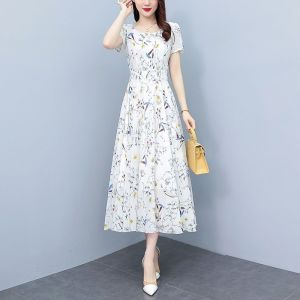 Summer 2025 New Style Womens Floral Ice Silk Dress plus Size Belly Cover Elegant Classy Long Dress Age-Defying Elegant Temperament