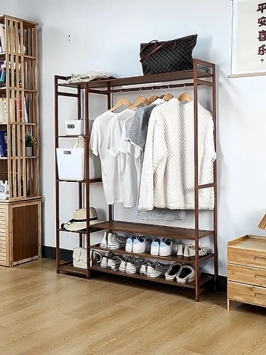 Solid Wood Wardrobe Cabinet Open Wardrobe Rope Clothes Hanger Storage ...