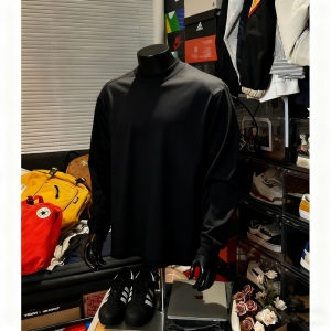 Áo Thun Cotton Dài Tay Màu Đen Cổ Nhỏ Cho Nam Mùa Thu Áo Hoodie Không Mũ Chất Liệu Cotton Nguyên Chất Áo Thun Thường Ngày