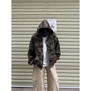 Camouflage Zippered Hooded Sweatshirt Male Vintage Streetwear Youth