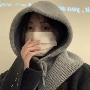 หมวกไหมพรมมีฮู้ด หมวกบาลาคลาวาฤดูหนาว สไตล์เกาหลีสำหรับผู้หญิง หมวกไหมพรมแบบมีเชือกผูก อุ่นสบายสำหรับกิจกรรมกลางแจ้ง หมวกบีนนี่แบบคลุมคอ