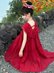 Summer Long Sleeveless Princess Dress for Girls Bright Red Thin Beach Dress Childrens Fashion Soft Pure Color French Style