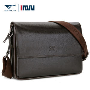 Septwolves Mens Business Crossbody Bag Top Layer Cowhide Single Shoulder Bag Briefcase Large Size Soft Leather Purse