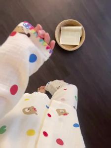 Ngọt ngào Polka Dot đám mây bông gạc ngủ cho phụ nữ xuân thu Hoạt hình màu dễ thương Áo cardigan dài tay và bộ Quần Nữ Cô Gái lỏng nhà mặc