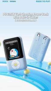 ROCK Doraemon Fast Charge Powerbank | Type-C & Lightning Built-in Cables Digital Display (10000/20000mAh | 20W)