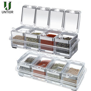 4 Piece Clear Seasoning Box Set Storage Container Condiment Jars for Spice Salt Sugar Cruet Seasoning Rack Spice Pots with Cover