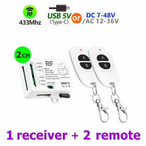 WenQia 433MHz Wireless Remote Control Switch 2 CH DC 12V 24V 36V 48V Type-C 5V RF Relay Module for Light/Fan/Motor/Garage Door Opener
