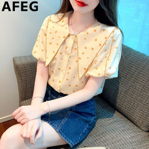 AFEG Korean version doll collar fashion loose temperament polka dot chiffon bubble sleeve blouse for women