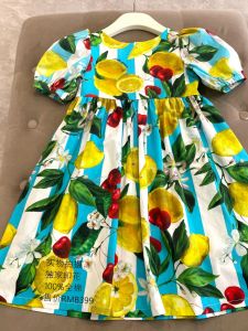 Summer New Style Lemon Print Dress for Girls Childrens Holiday Island Travel Photography Cute A-Line Skirt Kids Matching Outfit