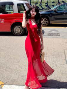 ZHENMANZI | Retro Hong Kong Style Red Chiffon Halter Dress Slimming High Waist French Style Long Skirt Summer Beautiful A-Line Dress V-Neck