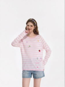 Summer New Cute Knitted Blouse Round Neck Stripe Long Sleeve
