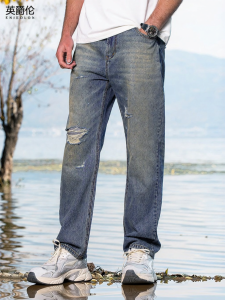 Enjeolon | Retro Cotton Denim Jeans Mens Summer Casual Straight Fit Trousers