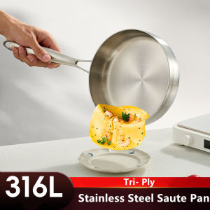 LMETJMA 316 Stainless Steel Frying Pan Tri-Ply Deep Frying Pan Saute Pan Healthy Non Stick Cooking Pan Induction Cooking Pot