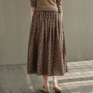 Small Floral Skirt Loose Spring/Summer Autumn Clothing Young Mother High Waist Slim Looking A- line Retro Elastic Waist Dress