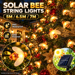 Solar Bee LED String Lights Christmas Outdoor IP65 Waterproof Warm White Honeybee Fairy Lights 20 30 50 LEDs Solar Powered Decorations For Garden Patio Balcony Fence Tree Wedding Birthday Party