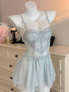 Nicelaisiii Haiyu Mengchun Wants Lace Ribbon Steel Ring Nightdress Small Chest Gathered Embroider Mesh Date Pajamas