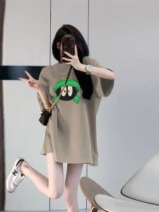 Loose Long Pure Cotton Purple European Style T-Shirt Womens Short Sleeve Butt Covering Top Summer Fashion Casual round Neck