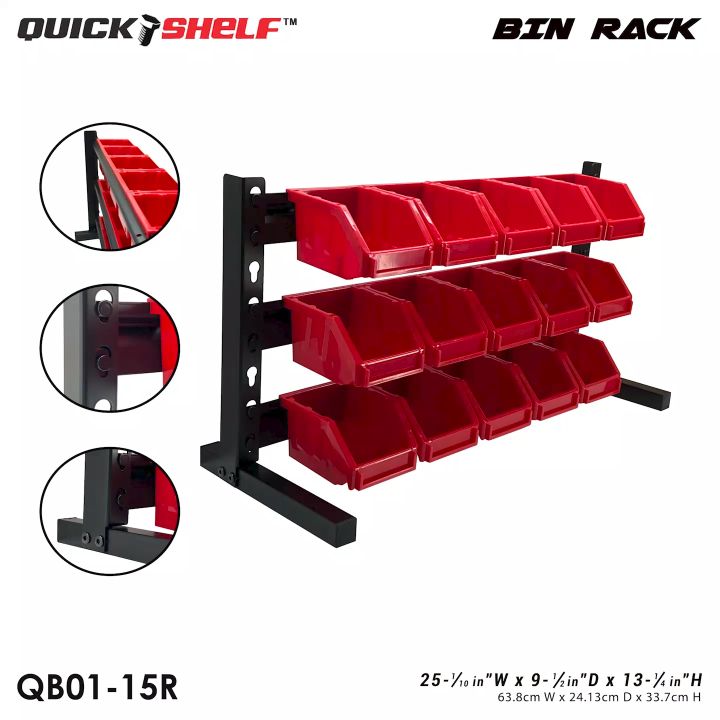 Table Top Bin Rails QUICK SHELF 15-Bin Heavy Duty Table Top BIN RACK with 15pcs Red Plastic ...