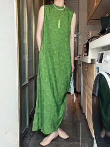 New Chinese Style Green Straight Tube Embroidered Vest Long Dress Womens Old Money Style Draping Modified Cheongsam Dress Summer