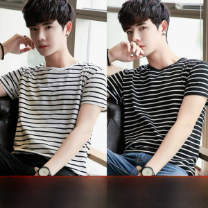 2021 New Style Mens round Neck Short Sleeve T-Shirt Fashionable Striped Base Shirt Half Sleeve Summer Trendy Body Tee