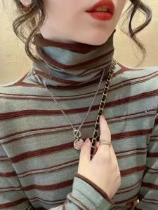 WANGGONGZHU | Princess Style High Collar Womens Thermal Shirt Autumn Winter Striped Slim Fit Fashionable Warm Base Layer Top