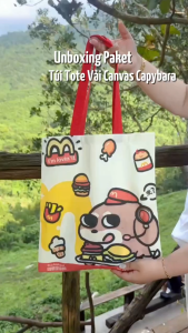 Túi Tote Vải Canvas Capybara Màu Kem Quai Đỏ
