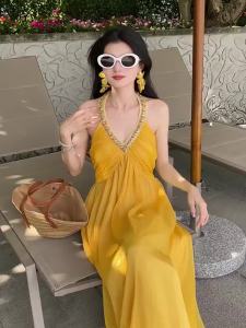 French Elegant Yellow V-Neck Hanging Neck Dress Fairy Beach Vacation Super Fairy Long Skirt Summer High Waist A-Line Dress