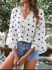 Heart Print Guipure Lace Insert Trumpet Sleeve Blouse