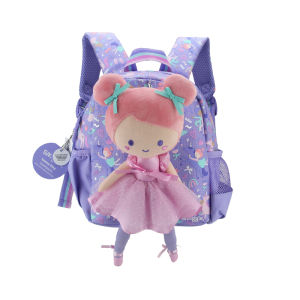 กระเป๋าเป้สะพายหลังกระเป๋านักเรียนอนุบาลเด็กผู้หญิง Tas Ransel Bayi ตุ๊กตาเด็กสีม่วงตุ๊กตาบัลเล่ต์1 2 3 4ปี11นิ้ว
