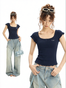 EVPGB | Flattering Slim Blue Square Collar Short Sleeve T-Shirt