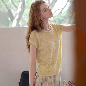 Yellow Round-Neck Knitted Short-Sleeved Womens Top Light Loose Style