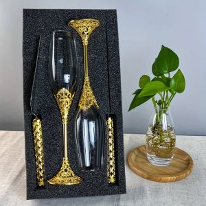 4Pcs Golden Wedding Cake Knife Glasses Server Set Crystal Rhinestone Champagne Flutes Toasting Glasses Perfect for Wedding Gifts