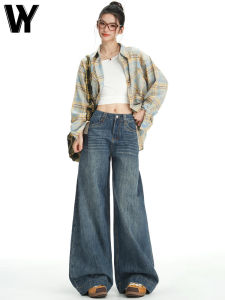 American Retro High Waist Wide Leg Blue Jeans Womens Autumn New Loose Long Pants Washed Denim Slimming Effect Casual Jeans