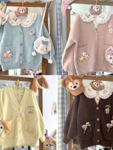 เสื้อคาร์ดิแกนถักปักลายสไตล์ญี่ปุ่นน่ารัก หนา หลวมๆ สำหรับฤดูใบไม้ร่วง/ฤดูหนาว เสื้อคลุมกันหนาวผู้หญิง แขนยาว ปกติ คอวี สีพื้น