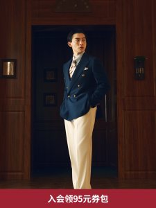 100% Pure Wool Mens Navy Blue Blazer Suit Gold Button Double Row Buttoning Standard Fit Business Casual Long Sleeve Suit Jacket