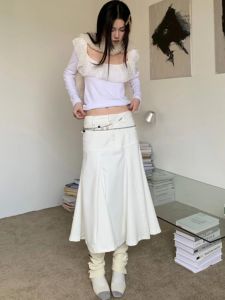 กระโปรงทรงเอเอวสูงสีขาวสไตล์อเมริกันย้อนยุคสำหรับผู้หญิงในช่วงฤดูร้อน กระโปรงทรงหางปลา กระโปรงทรงเอ กระโปรงยาวปานกลาง