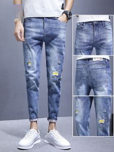 ROMON | Romon Mens Slim Fit Summer Thin Denim Jeans Elastic Casual Trendy Light Blue Small Straight Leg Nine Point Pants