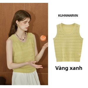 KUHNMARVIN | Áo Gile Không Tay Phối Lớp Thoáng Khí Ôm Sát Từ Vải Linen Tencel