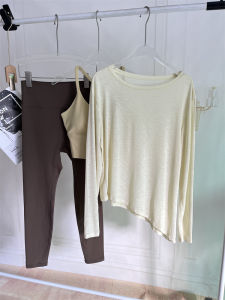 Light Yellow Sportswear Set Womens Slimming Soft High Elasticity Yoga Fitness Running Breathable Long Sleeve Nine Points Pants