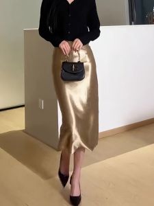 Elegant Gold Halter Neck Mini Dress Womens Fashion Autumn New Style Glossy Versatile Lazy Style Half-length Skirt