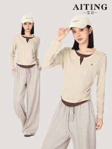 V-neck Long Sleeves Fake Two-Piece Womens Top Autumn New Arrival Fancy Slim Fit Slimming T-shirt Short Inner Bottoming Shirt